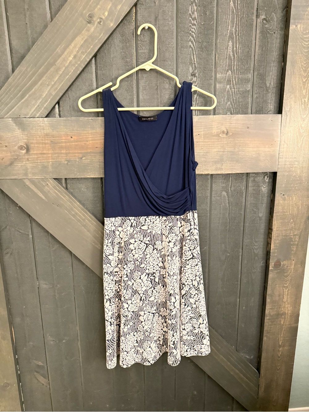 Casual Navy & White Floral Draped Waist Dress